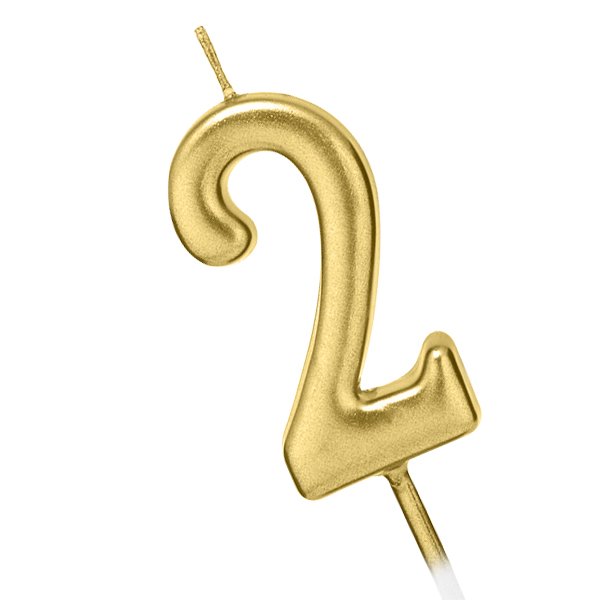 Champagne gold numeral birthday candle shaped like the number 2, isolated on white background.