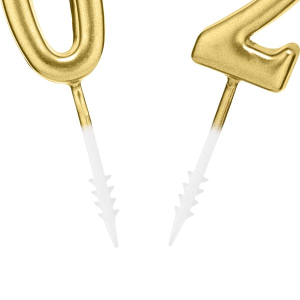 Close-up of two champagne gold numeral birthday candles, numbers 0 and 4, on white background.