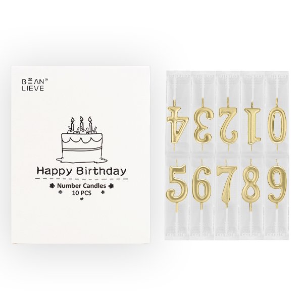 Champagne gold numeral birthday candles, numbers 0-9, displayed with packaging showing a cake illustration and text.