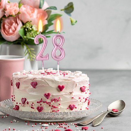 Two pink numeral birthday candles, '2' and '8', lit and on a decorated cake with flowers in the background.
