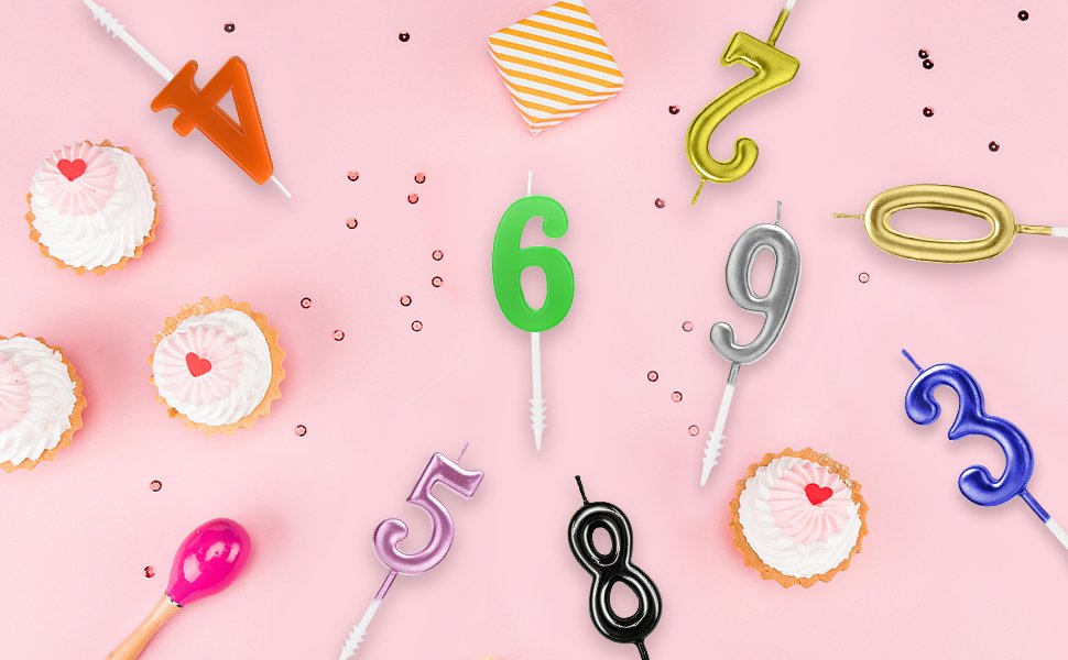 Assorted numeral birthday candles in various colors and sizes scattered with mini cupcakes and confetti on a pink background.