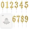 Champagne gold numeral birthday candles 0-9 with white holders, arranged in two rows, next to a white box with birthday cake illustration.