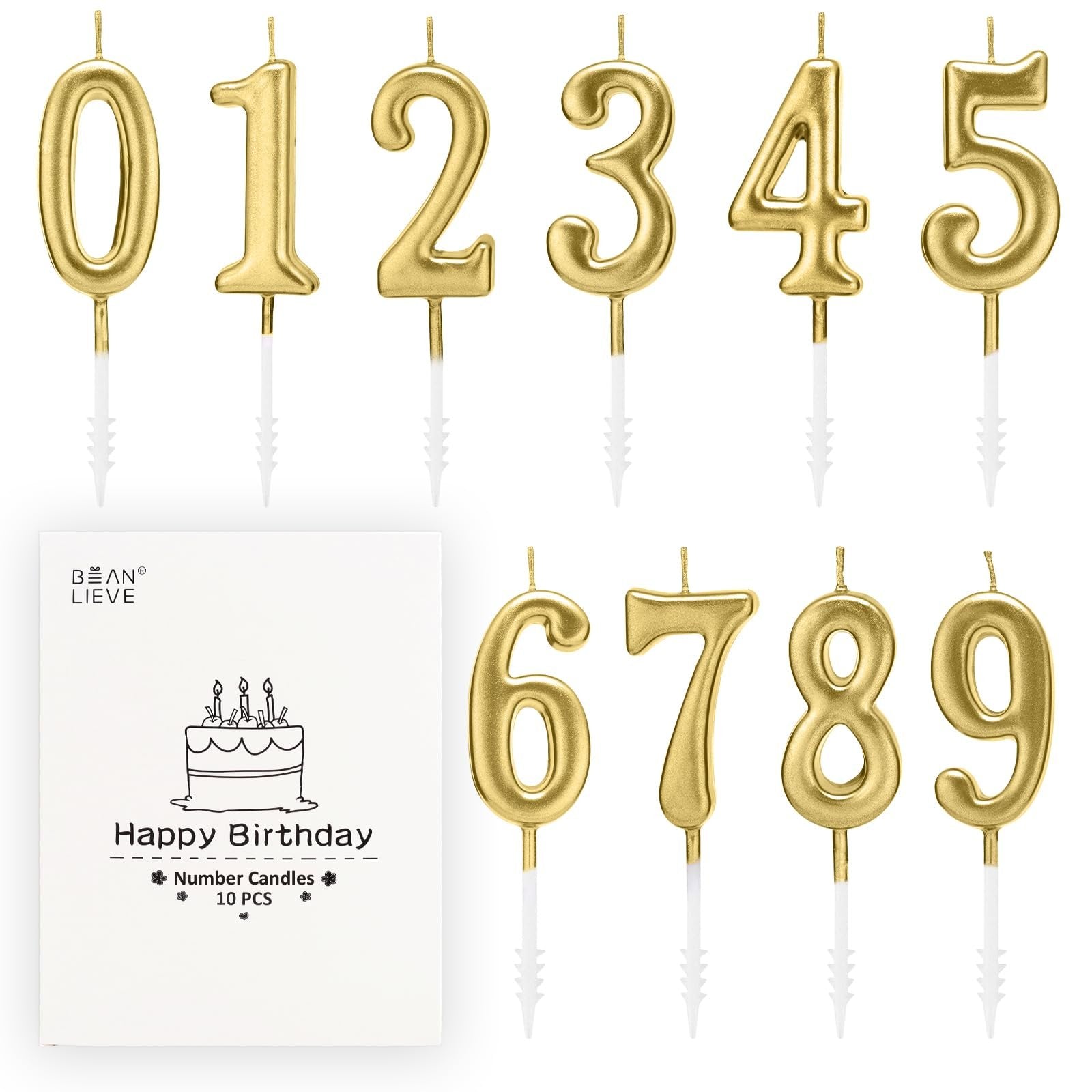 Champagne gold numeral birthday candles 0-9 with white holders, arranged in two rows, next to a white box with birthday cake illustration.