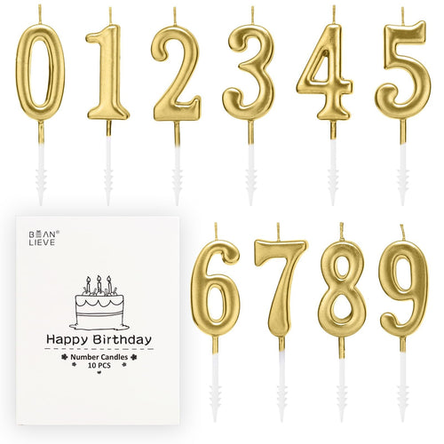Champagne gold numeral birthday candles 0-9 with white holders, arranged in two rows, next to a white box with birthday cake illustration.