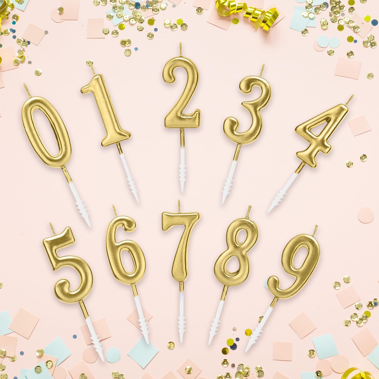 Ten gold numeral birthday candles, 0 through 9, arranged on a pink background with confetti and streamers.