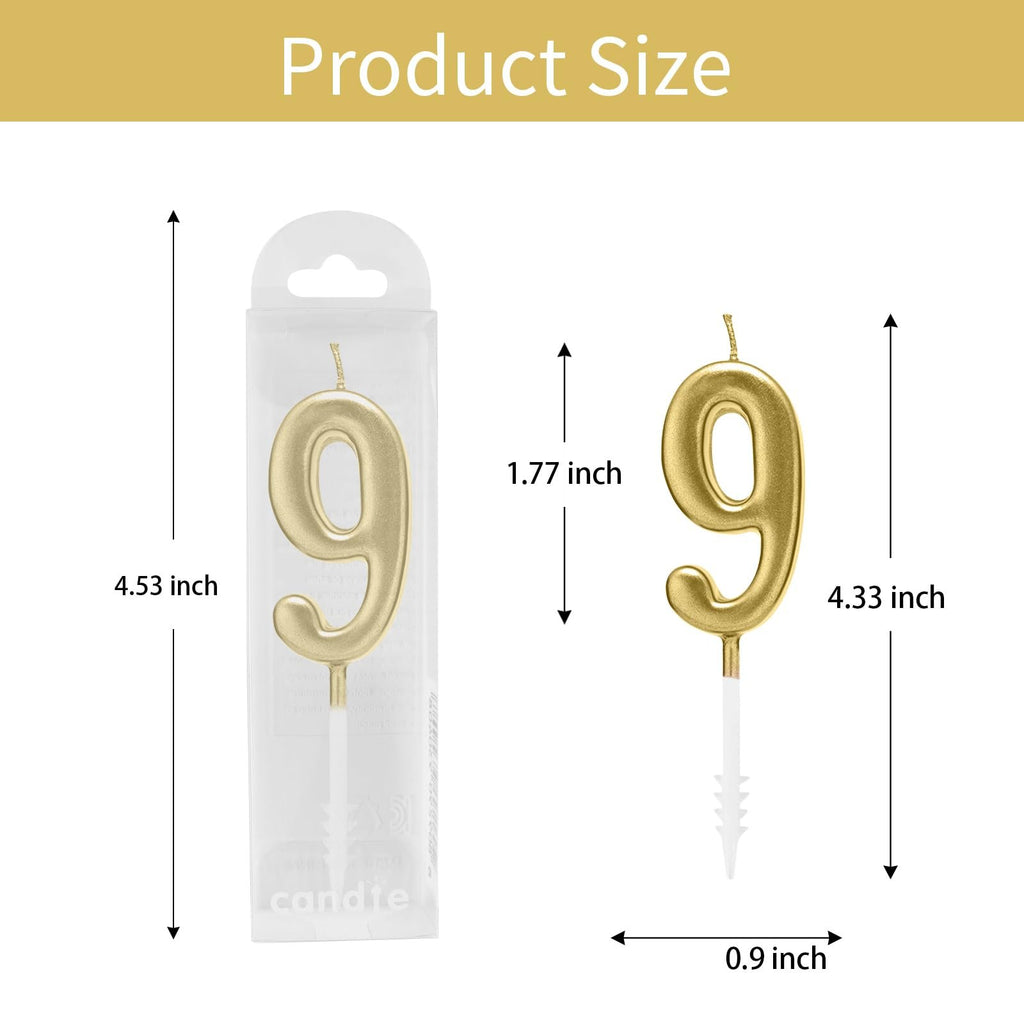 Champagne gold numeral birthday candle '9' in packaging and out, with size dimensions shown.
