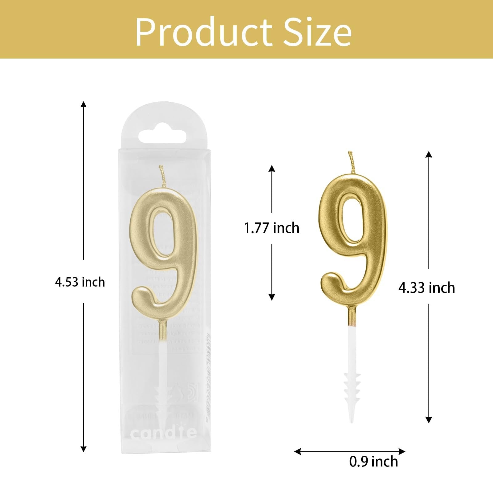 Champagne gold numeral birthday candle '9' in packaging and out, with size dimensions shown.