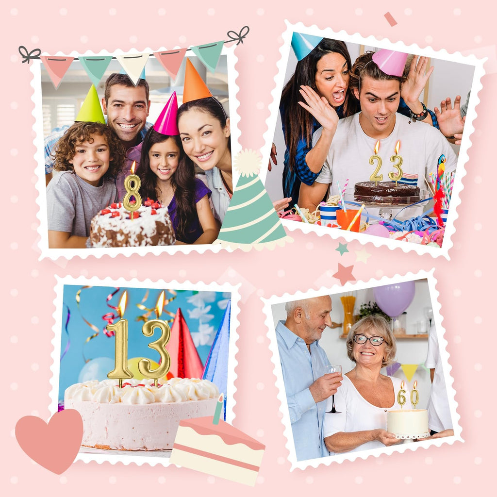 Collage of birthday celebrations with gold numeral candles on cakes and families enjoying parties.