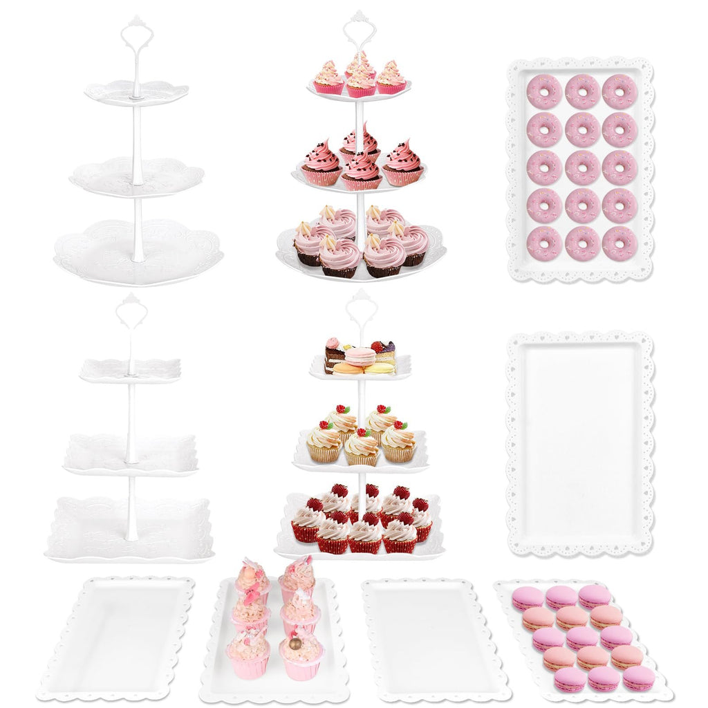 Collage of white dessert stands and serving trays with cupcakes, macarons, donuts, and cake slices.