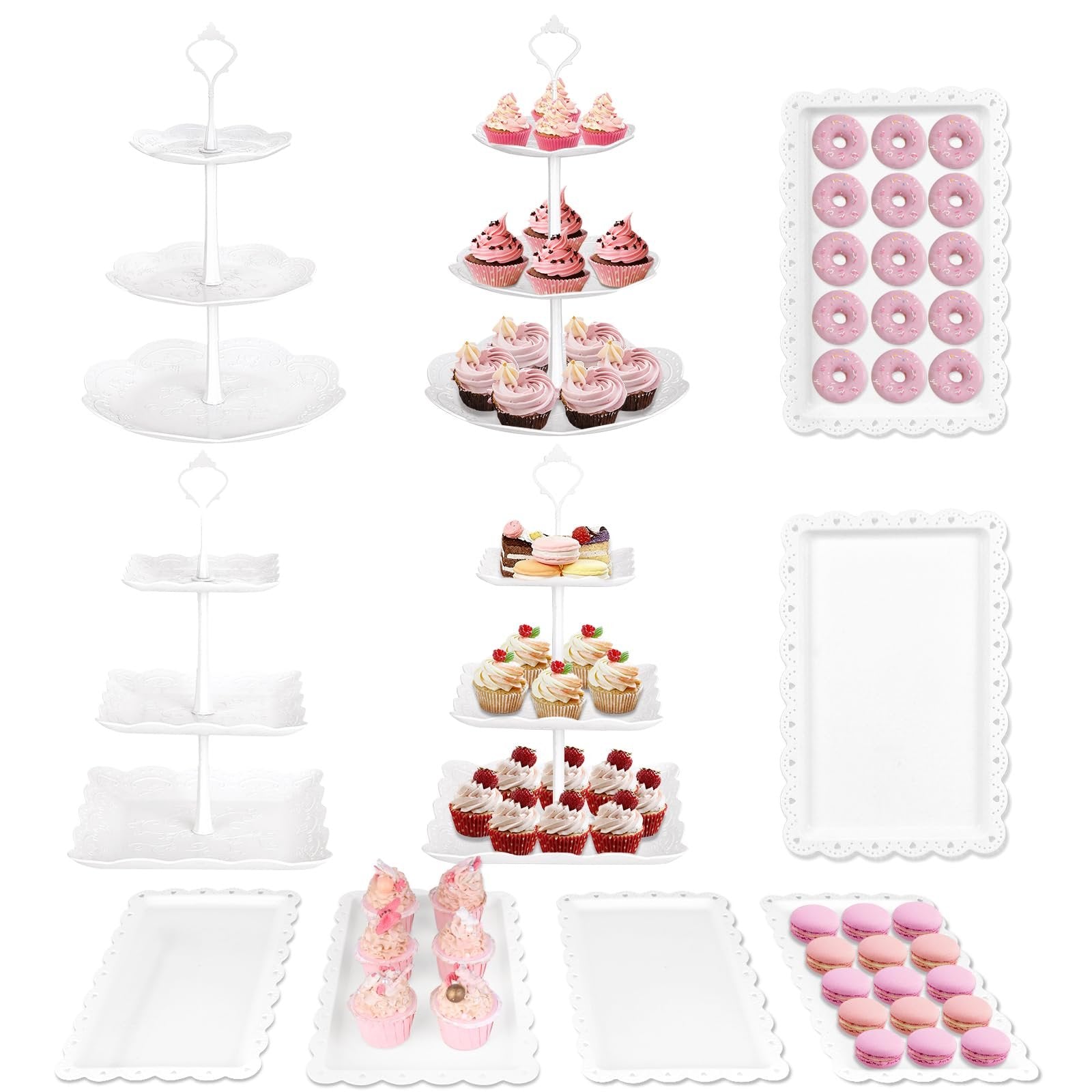 Collage of white dessert stands and serving trays with cupcakes, macarons, donuts, and cake slices.