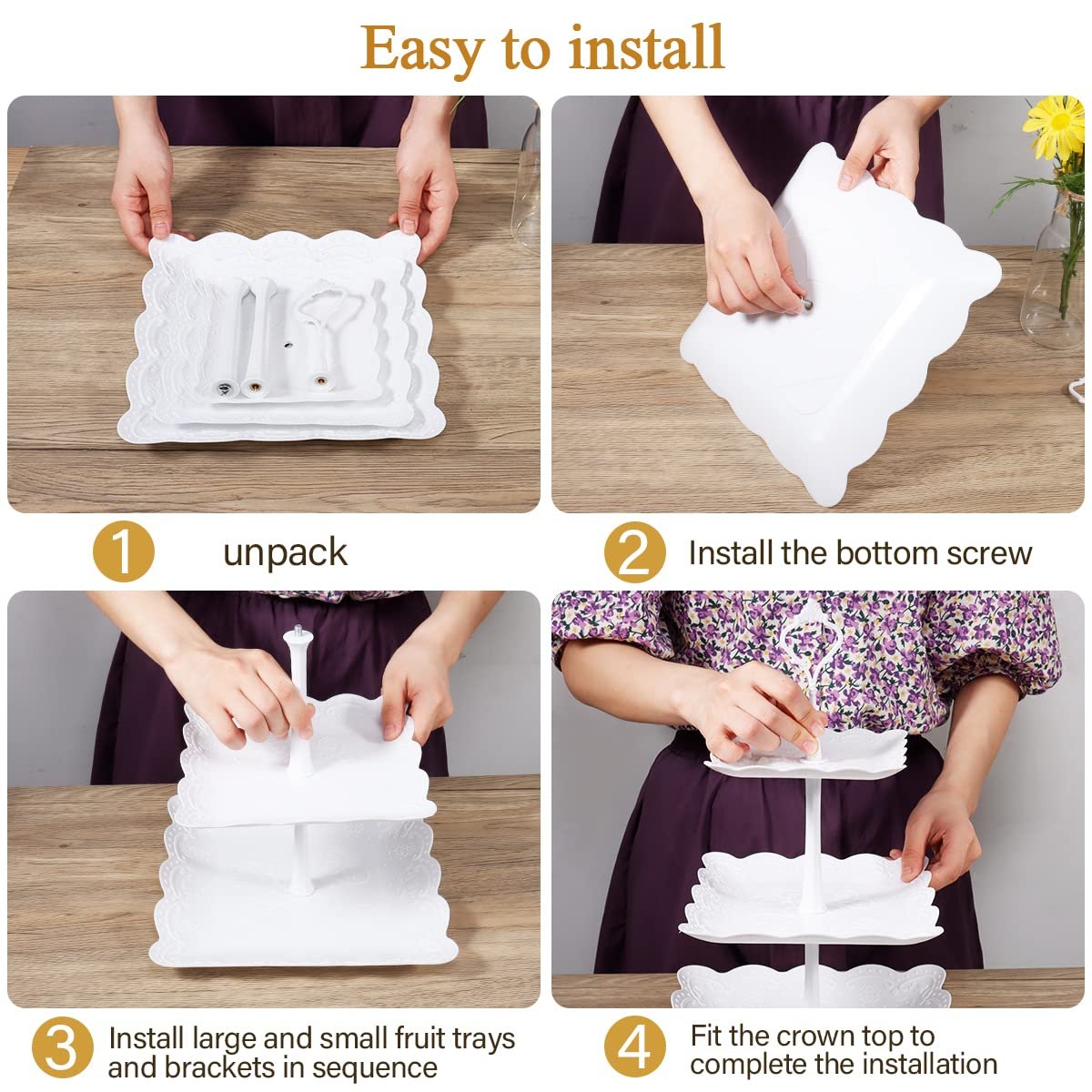 Four-panel infographic showing how to assemble a white tiered dessert stand. The panels depict unpacking, installing the bottom screw, attaching trays and brackets, and fitting the crown top.