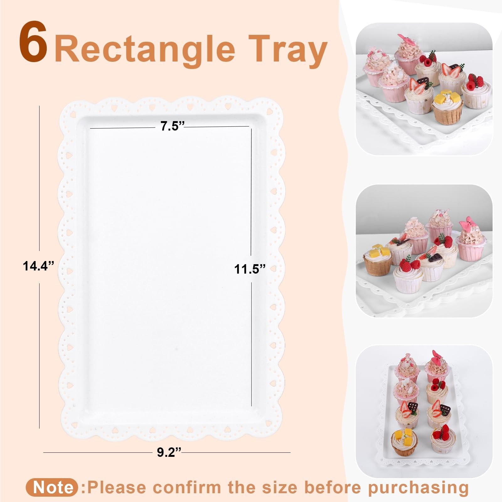 White rectangular serving tray with scalloped heart-shaped edge, showing dimensions and cupcakes on similar trays.