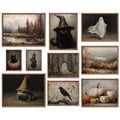 Collage of 10 unframed Halloween gothic art prints featuring a black cat in a witch hat, a ghost, a frog in a hat, a crow, pumpkins, and autumn landscapes.