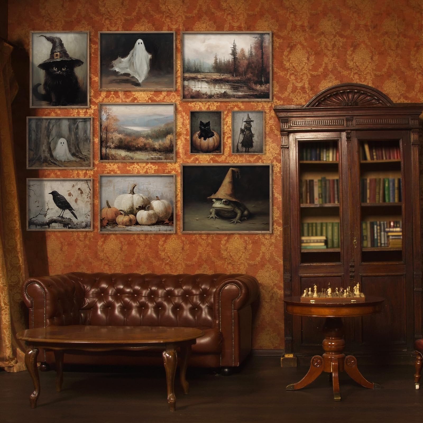 Halloween gothic wall art prints displayed in a room with a leather sofa and bookshelf