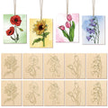 Set of 10 unfinished wood flower ornaments with ropes, featuring 5 styles of floral line art and colorful floral illustrations.