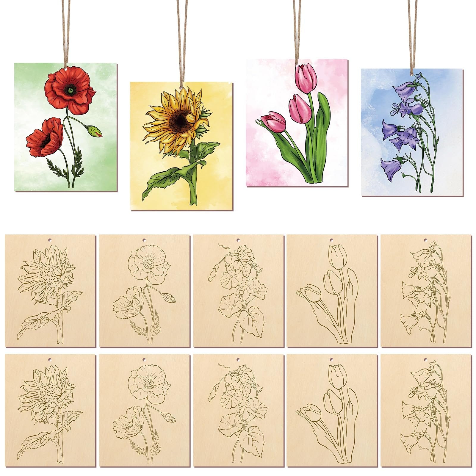 Set of 10 unfinished wood flower ornaments with ropes, featuring 5 styles of floral line art and colorful floral illustrations.