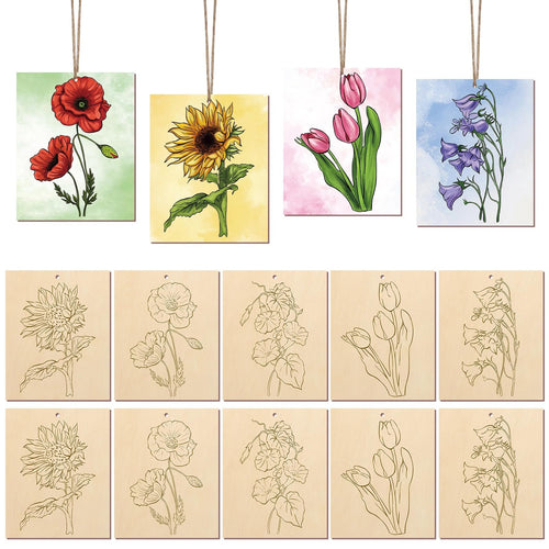 Set of 10 unfinished wood flower ornaments with ropes, featuring 5 styles of floral line art and colorful floral illustrations.