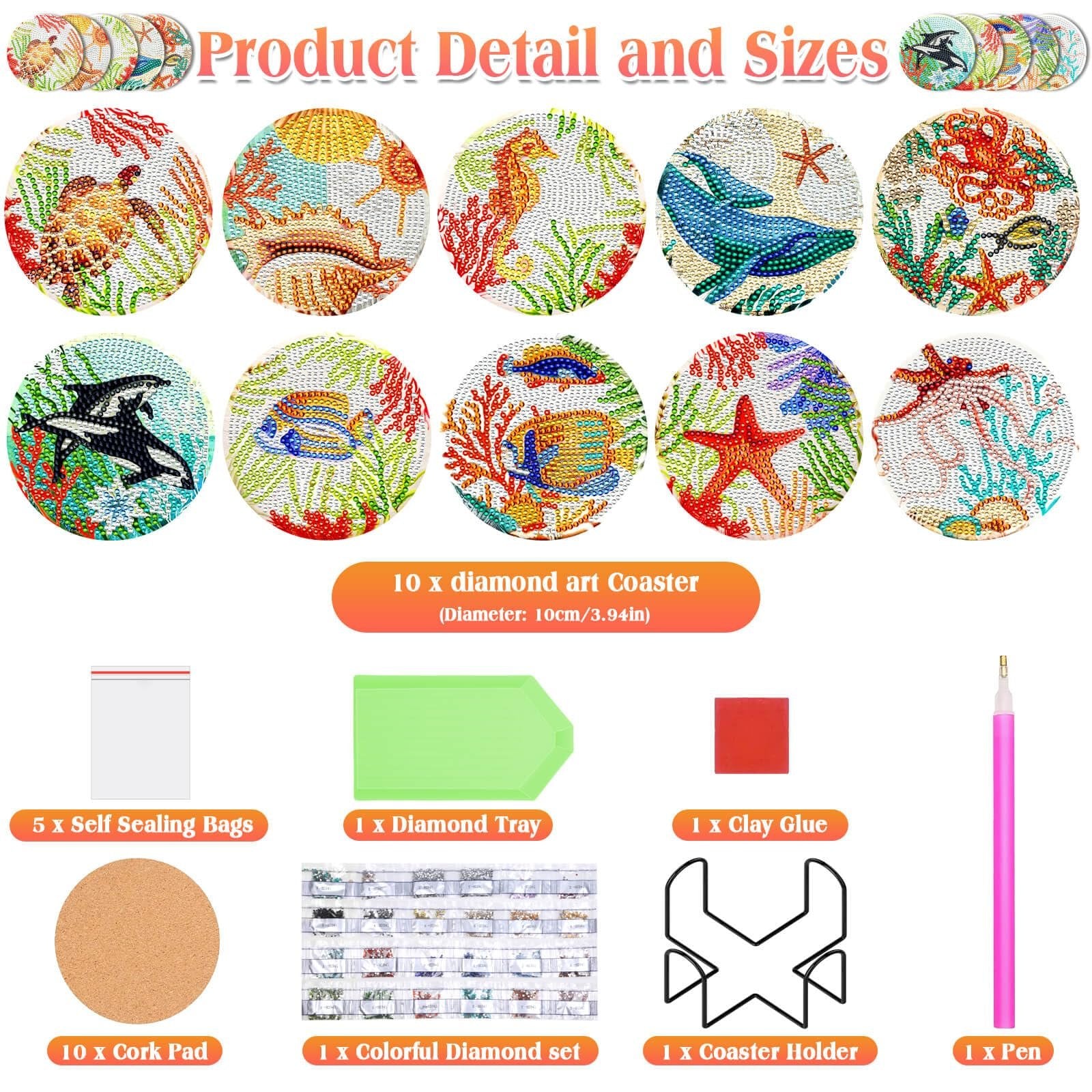 Diamond painting coaster kit contents including coasters, diamond tray, glue, pen, and holder.