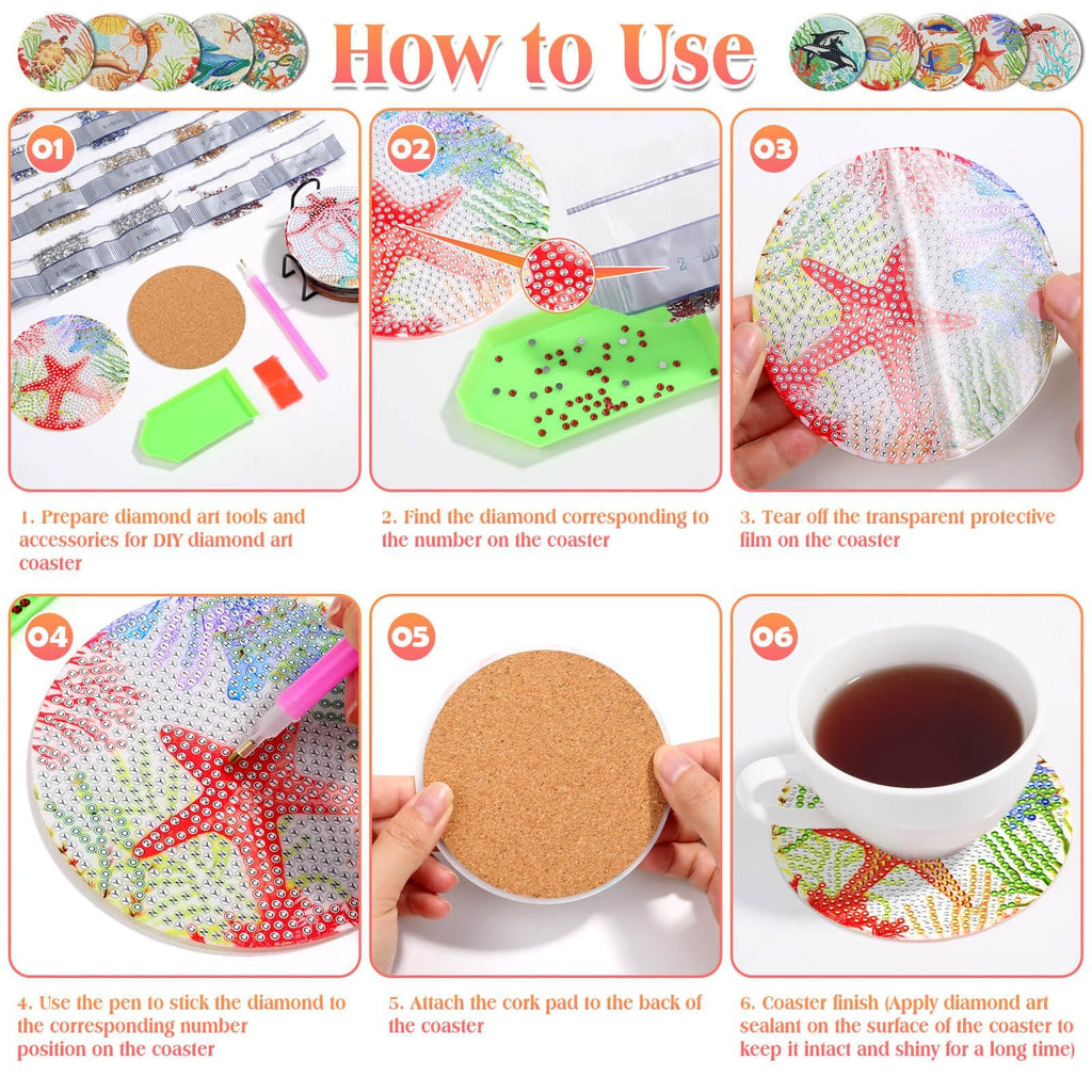 Step-by-step guide on how to create diamond painting coasters, showing tools, diamonds, and application process.