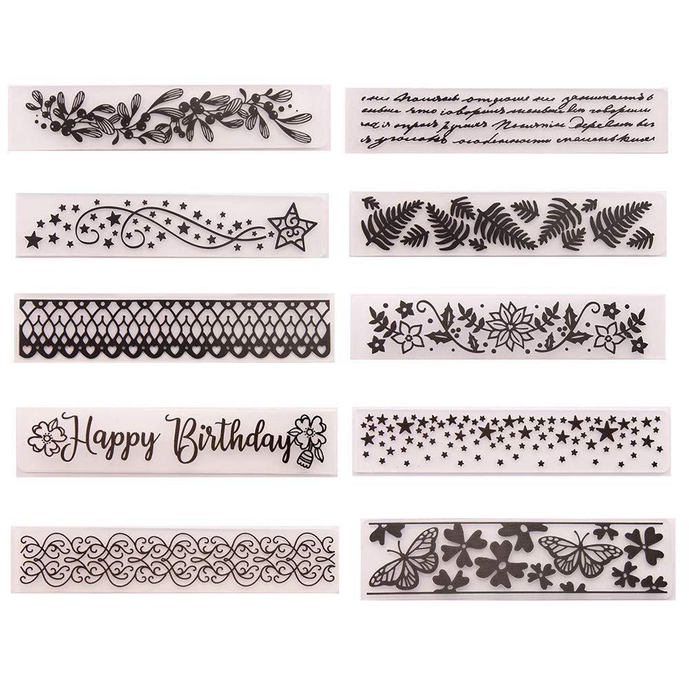 Ten plastic embossing folders with various patterns including floral, stars, lace, butterflies, and text.