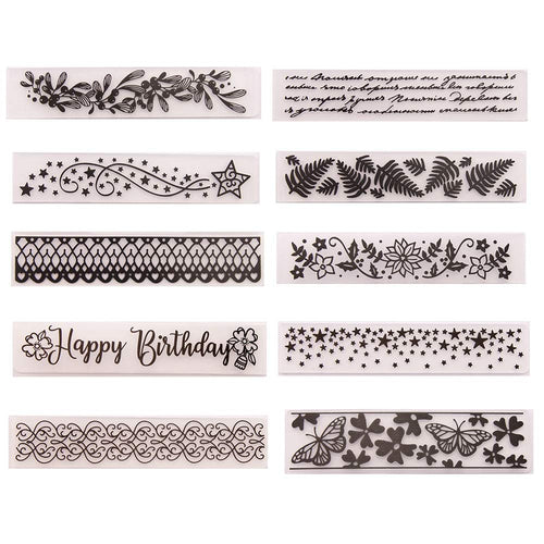 Ten plastic embossing folders with various patterns including floral, stars, lace, butterflies, and text.