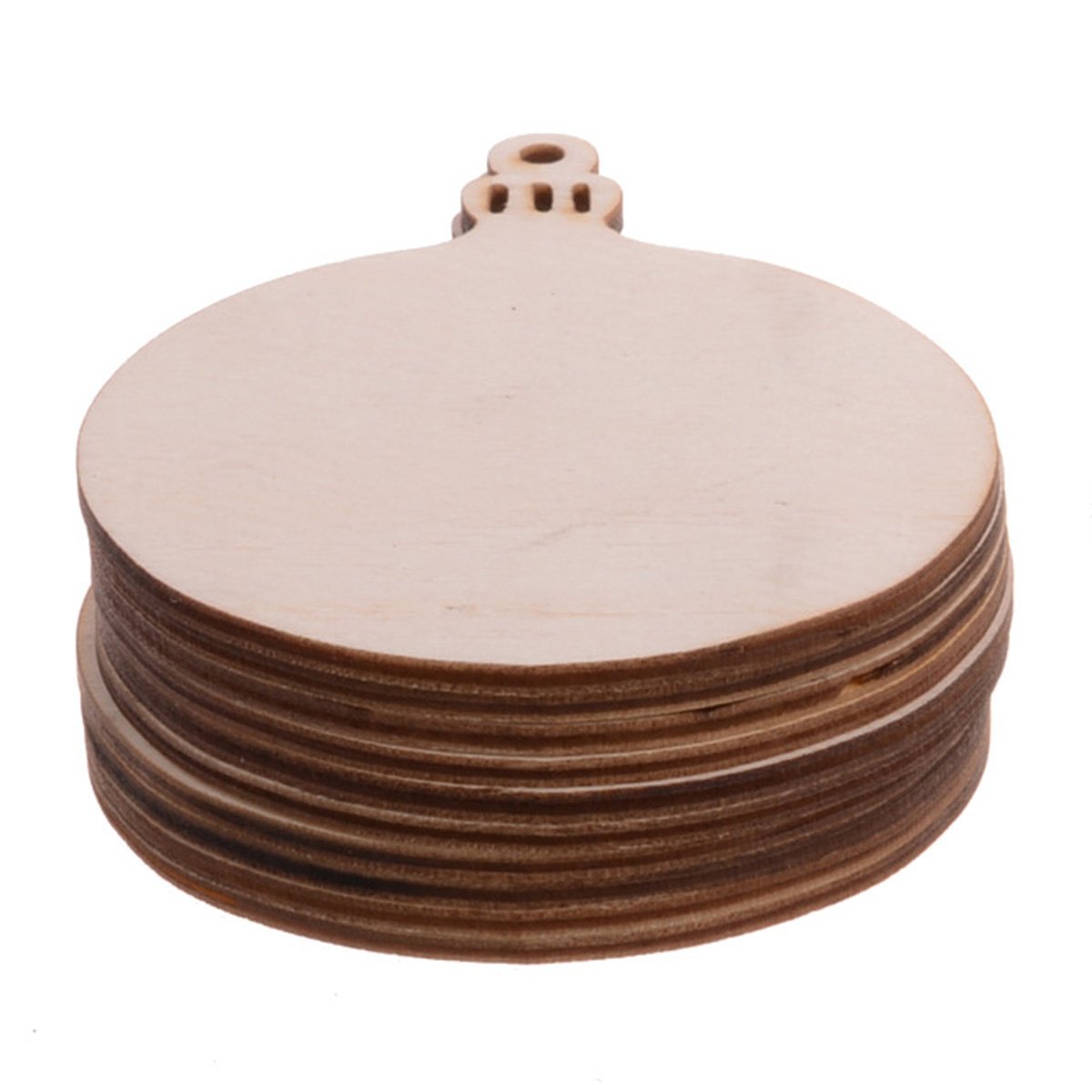 Stack of round unfinished wood Christmas ornaments with hanging loops on a white background.