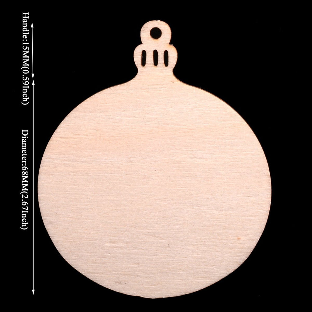 Unfinished round wooden Christmas ornament with hanging loop and decorative top detail, shown against a black background with dimensions indicated.