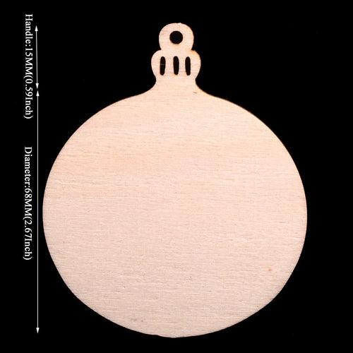 Unfinished round wooden Christmas ornament with hanging loop and decorative top detail, shown against a black background with dimensions indicated.