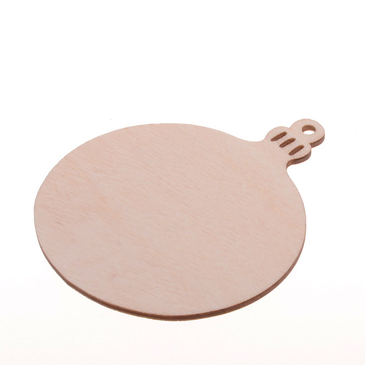 Round unfinished wood Christmas ornament shape on a white background, angled view.