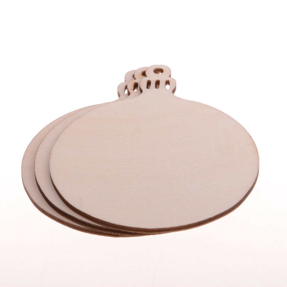 Stack of round unfinished wood Christmas ornaments with hanging loops on a white background.