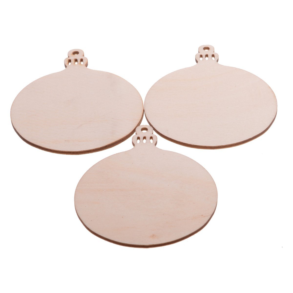 Three round unfinished wood Christmas ornaments arranged in a cluster on a white background.