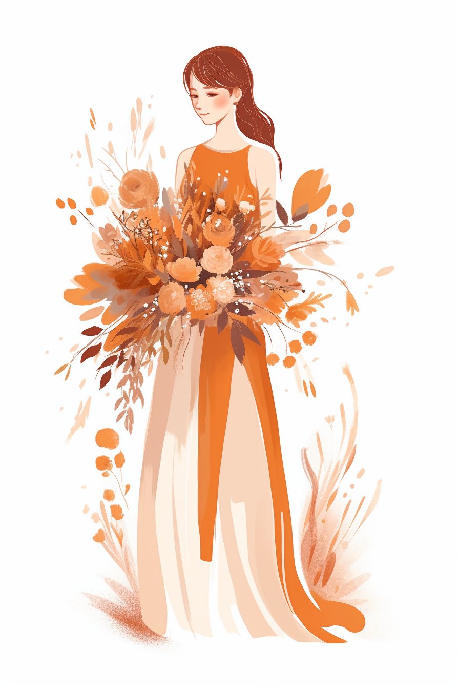 Illustration of a woman in an orange dress holding a large bouquet of orange flowers and greenery