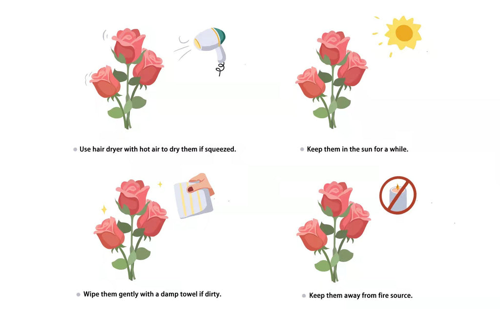 Four illustrations showing care instructions for artificial roses: drying with a hairdryer, sun exposure, wiping with a damp towel, and keeping away from fire.