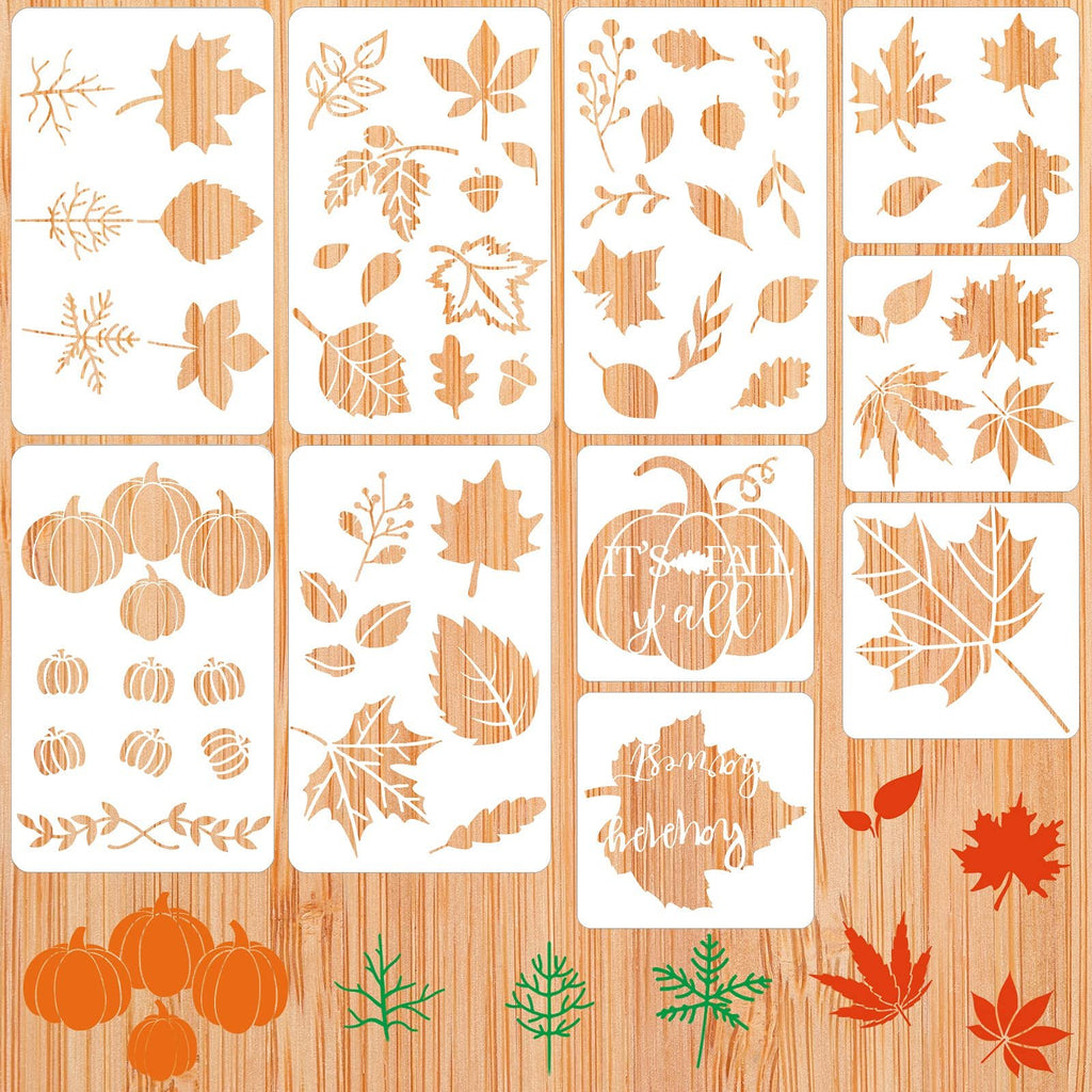 Set of 10 Thanksgiving stencils with autumn leaf and pumpkin designs on a wooden background.