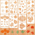 Set of 10 Thanksgiving stencils with autumn leaf and pumpkin designs on a wooden background.