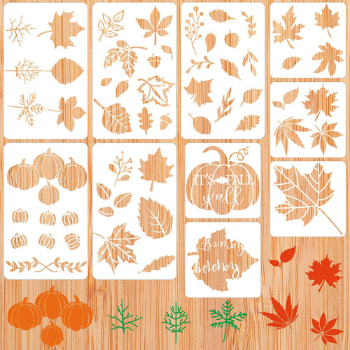 Set of 10 Thanksgiving stencils with autumn leaf and pumpkin designs on a wooden background.