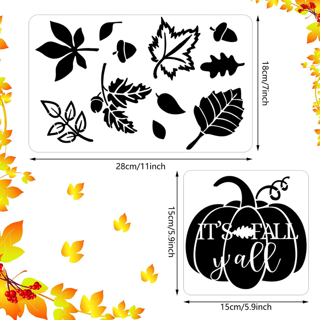 Thanksgiving stencils with autumn leaves, acorns, and a pumpkin design that says 'It's Fall Y'all'.