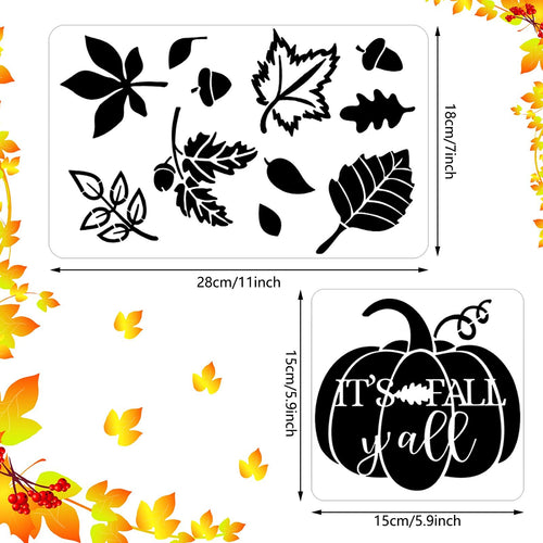 Thanksgiving stencils with autumn leaves, acorns, and a pumpkin design that says 'It's Fall Y'all'.