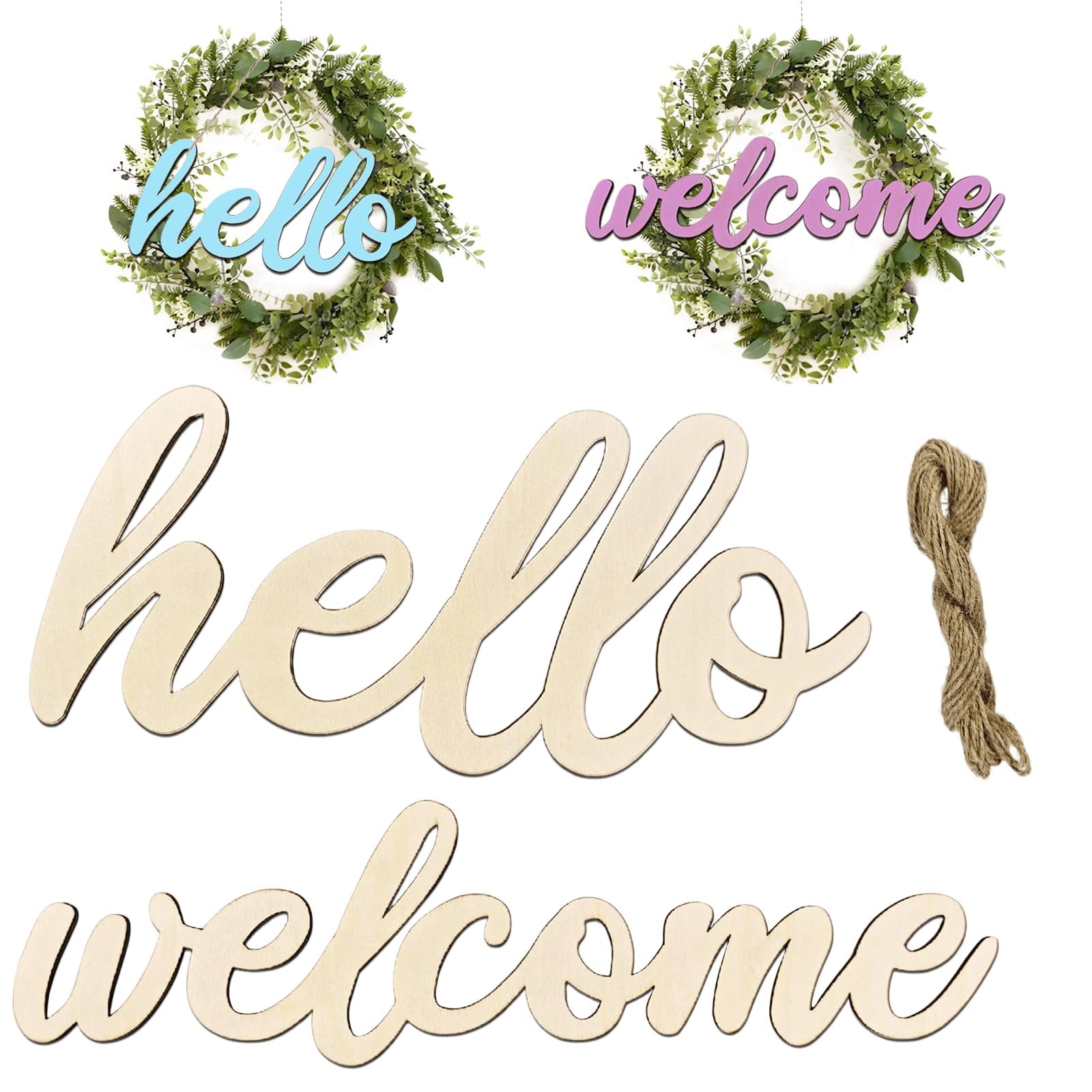 Unfinished wooden 'hello' and 'welcome' cutouts with a bundle of hemp rope and two decorative wreaths