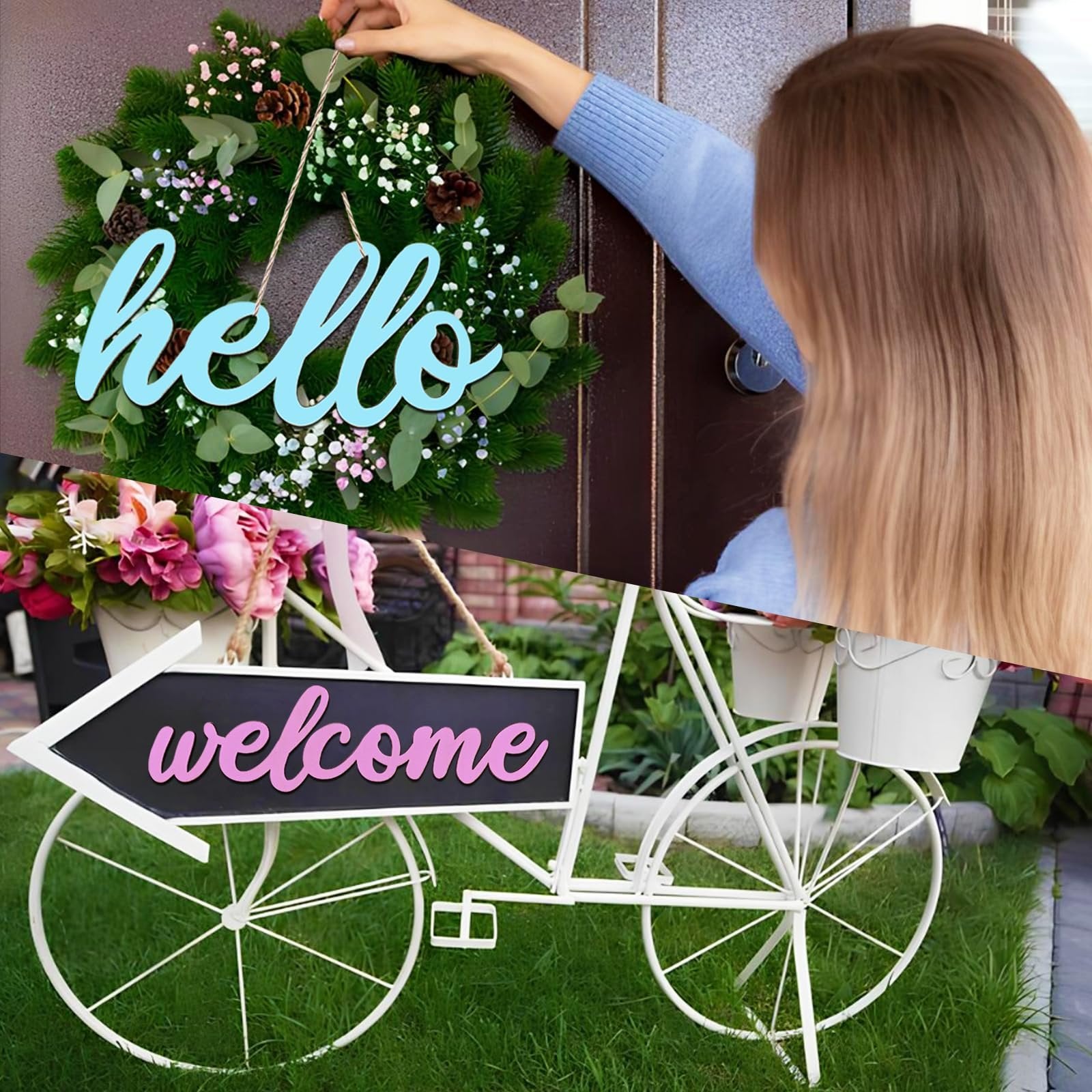 Woman hanging a wreath with 'hello' cutout on a door, and a decorative bicycle with a 'welcome' sign