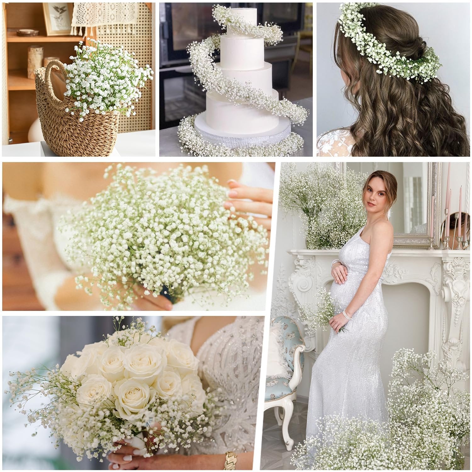 Collage of white baby's breath flowers used in wedding decor, including a bouquet, cake decoration, and flower crown.