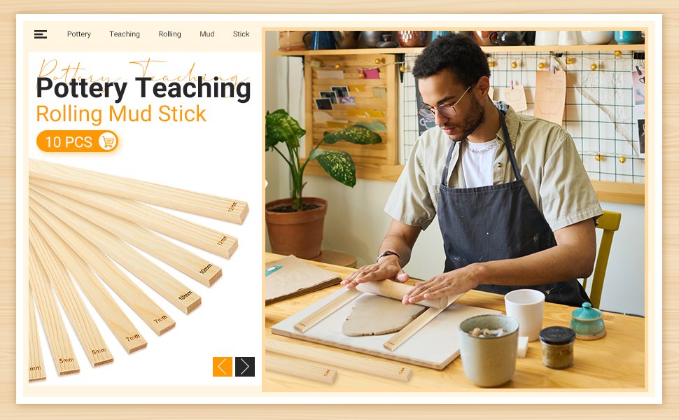 Wood rolling pin guides with thickness markings in a set, shown with a person using them for pottery.