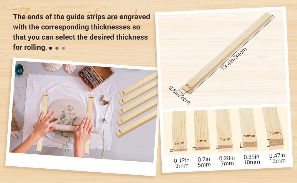Hands using a rolling pin with wooden guide strips on clay, showing thickness options.