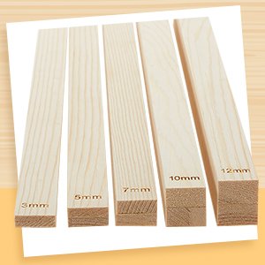 Five wooden rolling pin guides with thickness markings: 3mm, 5mm, 7mm, 10mm, and 12mm.