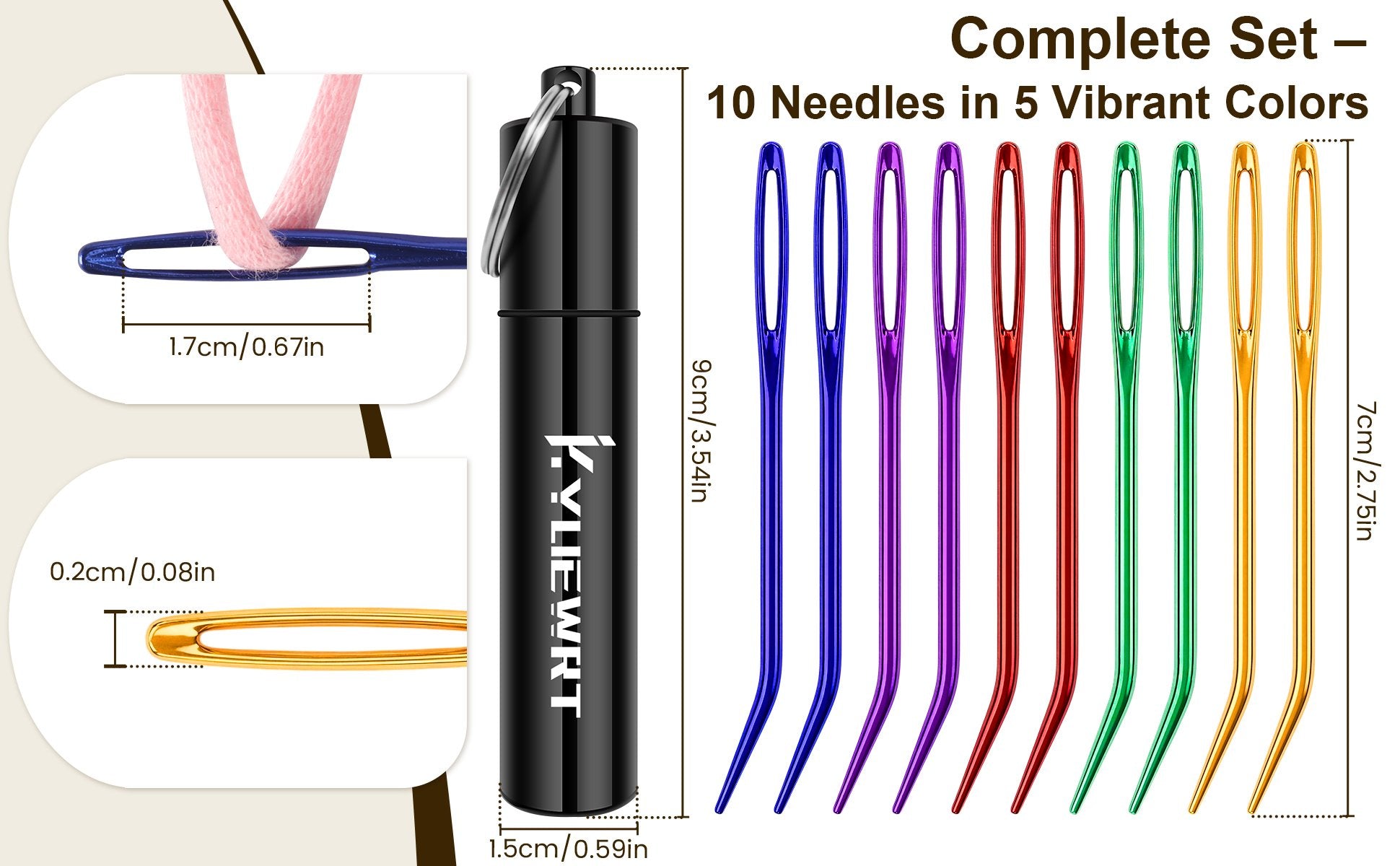 Set of 10 large-eye tapestry needles in vibrant colors with a storage tube, showing dimensions and yarn threading.