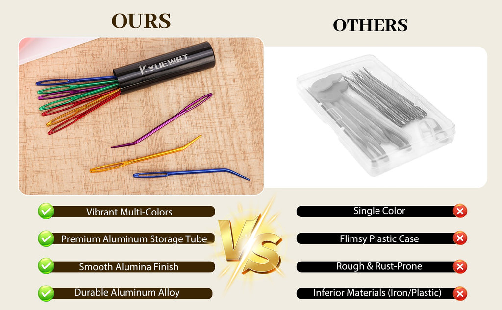 Comparison of yarn darning needles: colorful needles in aluminum tube versus gray needles in plastic case.