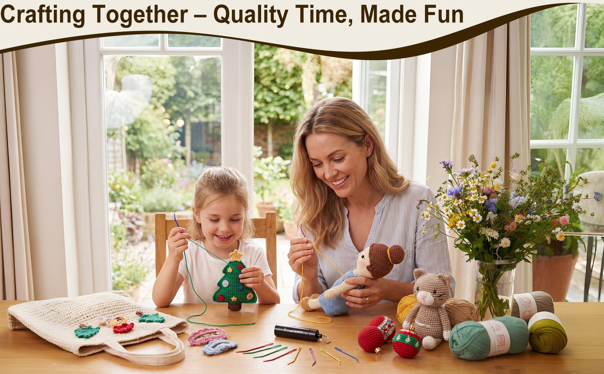 Mother and daughter crafting together, crocheting stuffed animals and ornaments.