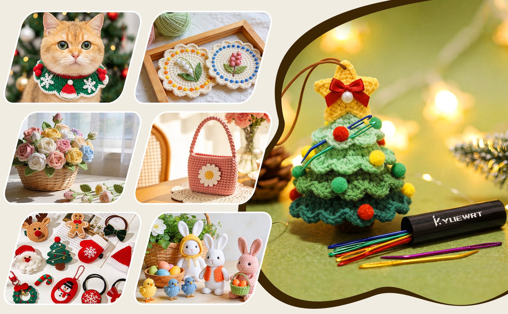 Crocheted Christmas tree with yarn darning needles and storage tube, surrounded by festive lights