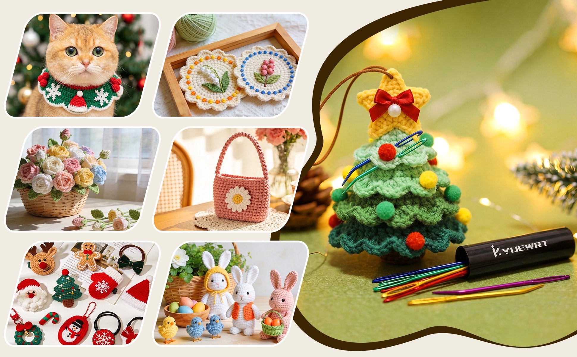 Crocheted Christmas tree with yarn darning needles and storage tube, surrounded by festive lights