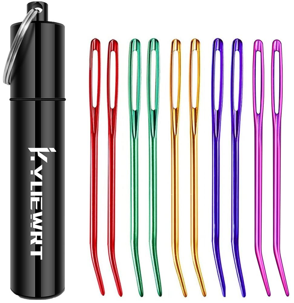 Ten large-eye bent darning needles in red, green, gold, purple, and pink, arranged next to a black storage tube with a keychain ring.